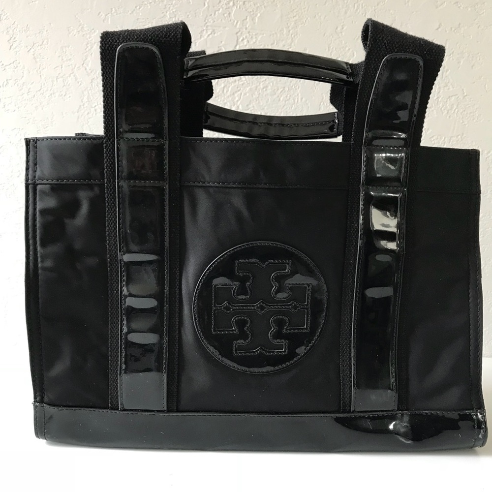 Tory Burch Black Patent Nylon Small Ella Tote